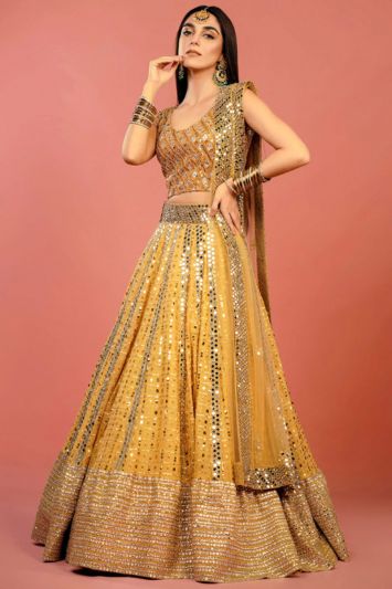 Designer Heavy Net Fabric Saree in Yellow Color