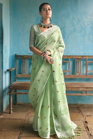 Designer Light Green Color Linen Fabric Party Wear Saree