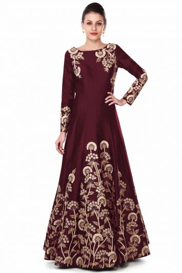 Designer Maroon Color Taffeta Silk Gown with Zari Work