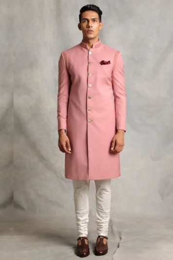Designer Pink Color Silk Fabric Sherwani