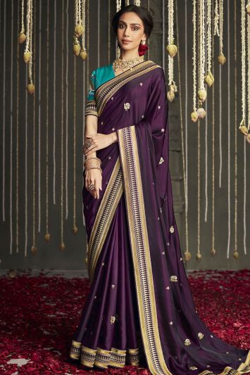 Designer Purple Color Silk Fabric Zarkan Saree