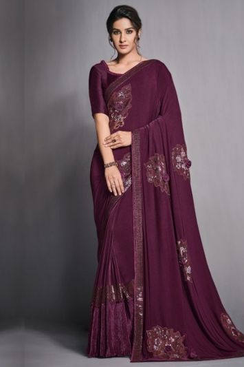 Designer Purple Lycra Wedding Wear Saree