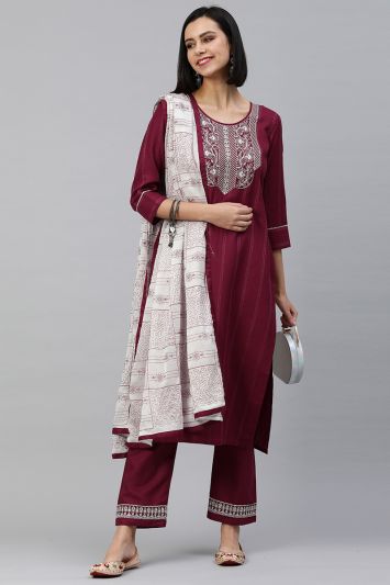 Designer Ruby Cotton Fabric Straight Pant Suit in Maroon Color