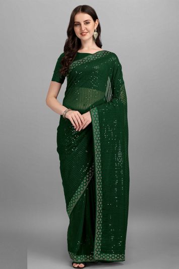 Designer Soft Georgette Fabric Saree in Green Color