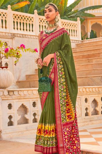 Digital Patola Printed Silk Fabric Saree in Green Color
