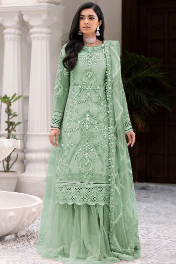 Elegant Net Sharara Suit in Green Color