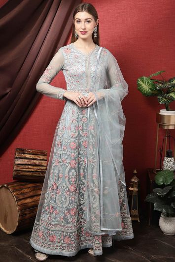 Elegant Sky Blue Net Eid Wear Anarkali Suit