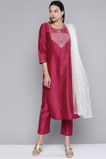 Emboidered Pink South Cotton Straight Pant Suit