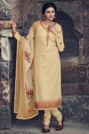 Embroidered Beige Faux Georgette Churidar Suit