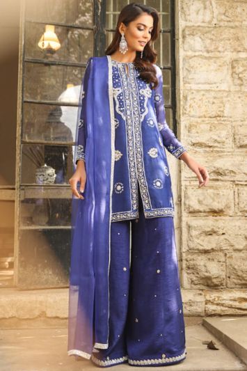Embroidered Blue Color Cotton Fabric Palazzo Suit