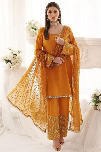 Embroidered Cotton Fabric Pant Suit in Mustard Color