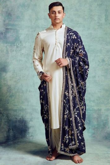 Embroidered Cotton Silk Fabric Kurta and Dhoti in White Color