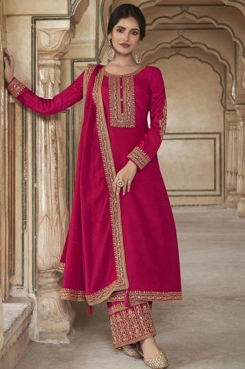 Embroidered Dola Silk Palazzo Suit in Pink Color