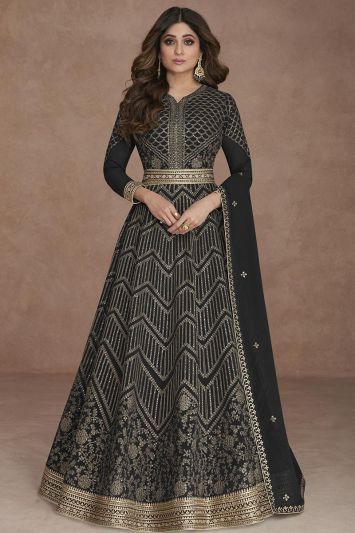 Embroidered Georgette Gown in Black Color