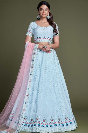 Embroidered Georgette Lehenga Choli in Sky Blue Color