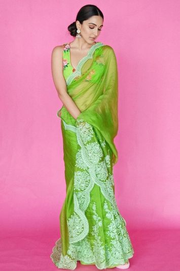 Embroidered Green Chiffon Saree