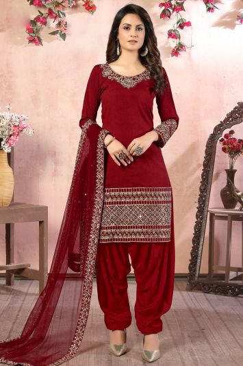 Embroidered Maroon Color Art Silk Fabric Patiala Suit