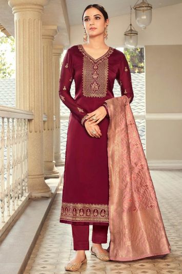Embroidered Maroon Satin Georgette Straight Suit