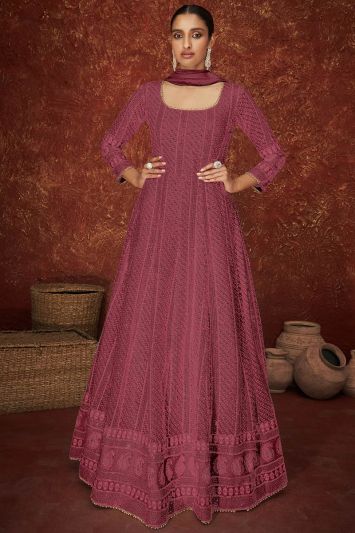 Embroidered Pink Color Faux Georgette Fabric Anarkali Suit