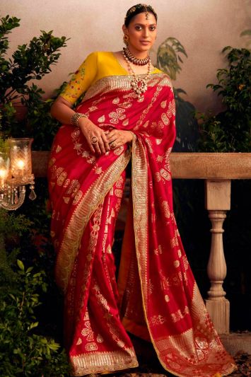 Embroidered Red Color Dola Silk Saree