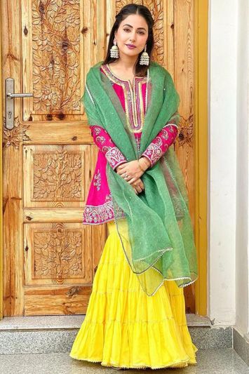Embroidered Silk Fabric Sharara Suit in Pink and Yellow Color