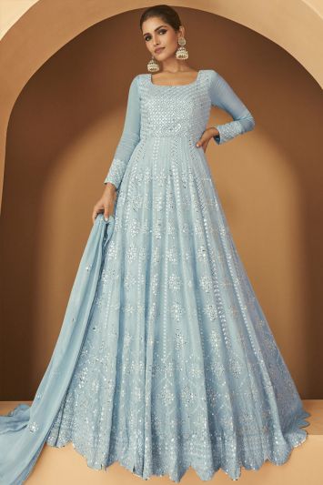 Embroidered Sky Blue Georgette Gown