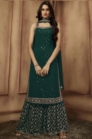 Embroidered Teal Green Color Georgette Fabric Sharara Suit