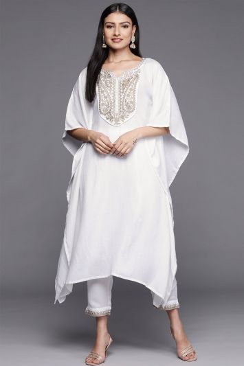 Embroidered White Faux Pashmina Trouser Suit