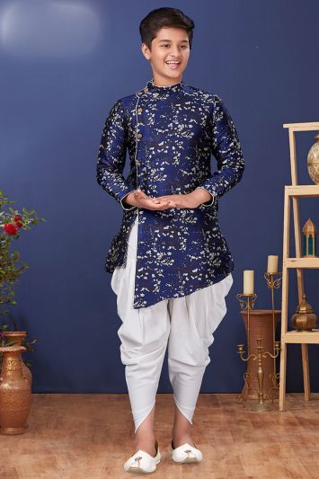 Fabulous Looking Blue Color Jacquard Silk Indo Western