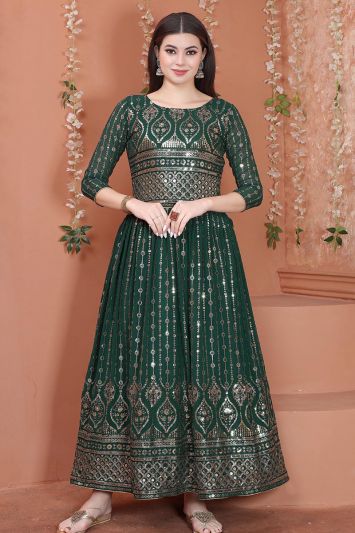 Faux Georgette Fabric Mehndi Functional Gown in Green Color