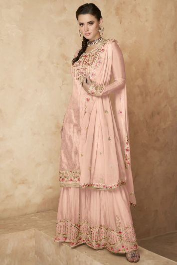Faux Georgette Fabric Palazzo Suit in Peach Color