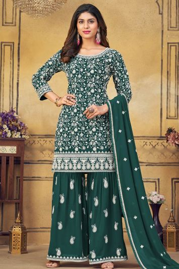 Faux Georgette Fabric Sequins Sharara Suit in Green Color