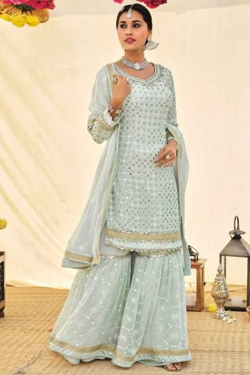Faux Georgette Fabric Sharara Suit in Light Blue Color