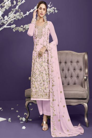 Faux Georgette Pink Embroidered Salwar Kameez