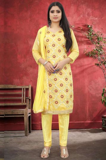 Festive Wear Cotton Silk Fabric Salwar Kameez in Yellow Color