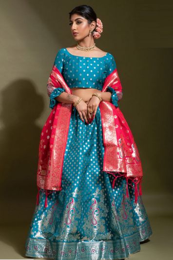 Firozi Color Banarasi Silk Fabric Party Wear Lehenga Choli