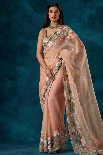 Floral Organza Fabric Saree in Light Pink Color