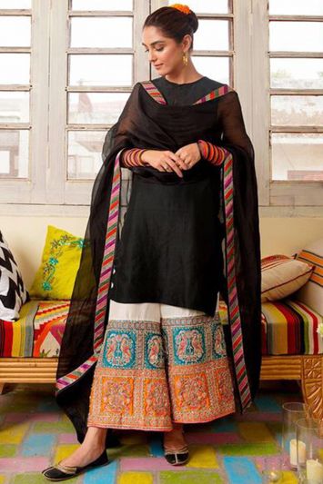 For EID Black Color Palazzo Suit with Heavy Embroidred Work