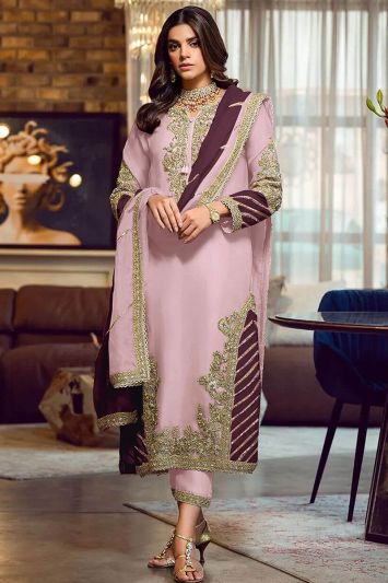 For Eid Georgette Pakistani Trouser Suit in Pink Color