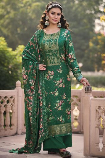 For Eid Pure Muslin Fabric Palazzo Suit in Green Color