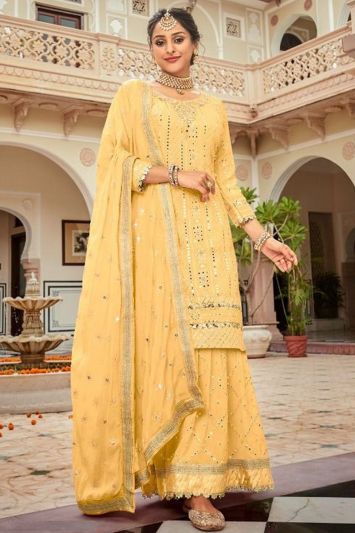 For Haldi Georgette Sharara Suit in Yellow Color