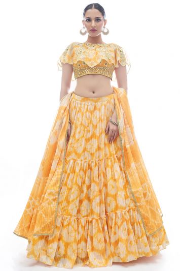 For Haldi Jacquard Fabric Lehenga Choli in Yellow Color