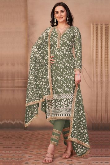 For Mehndi Green Color Butterfly Net Straight Pant Suit