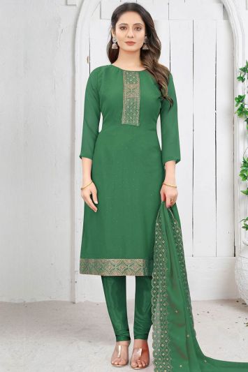 For Mehndi Green Color Faux Georgette Fabric Churidar Suit