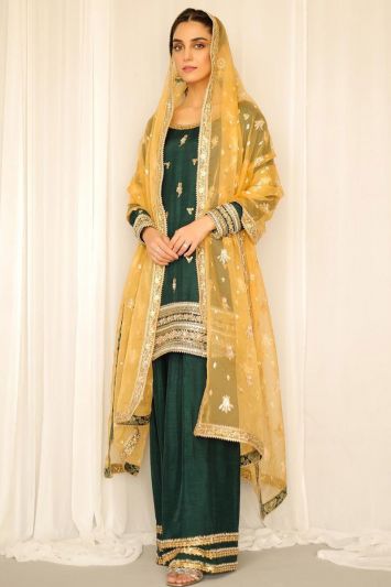 For Mehndi Raw Silk Palazzo Suit in Green Color