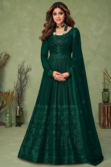 For Mehndi Real Georgette Fabric Anarkali Suit in Bottle Green Color
