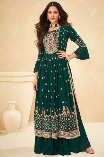For Mehndi Real Georgette Palazzo Suit in Dark Green Color