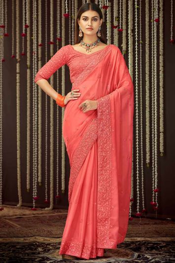 For Party Peach Color Organza Fabric Saree with Zari Work