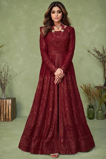 For Wedding This Maroon Color Real Georgette Fabric Anarkali Suit