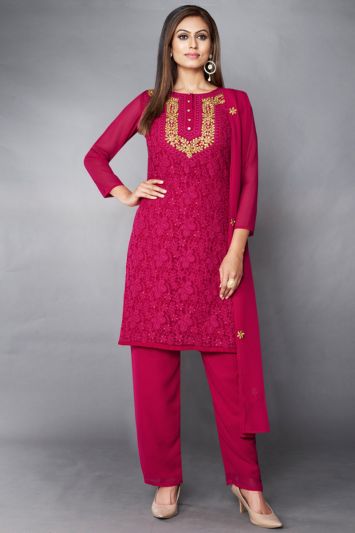 For Women Pink Color Georgette Fabric Straight Pant Suit